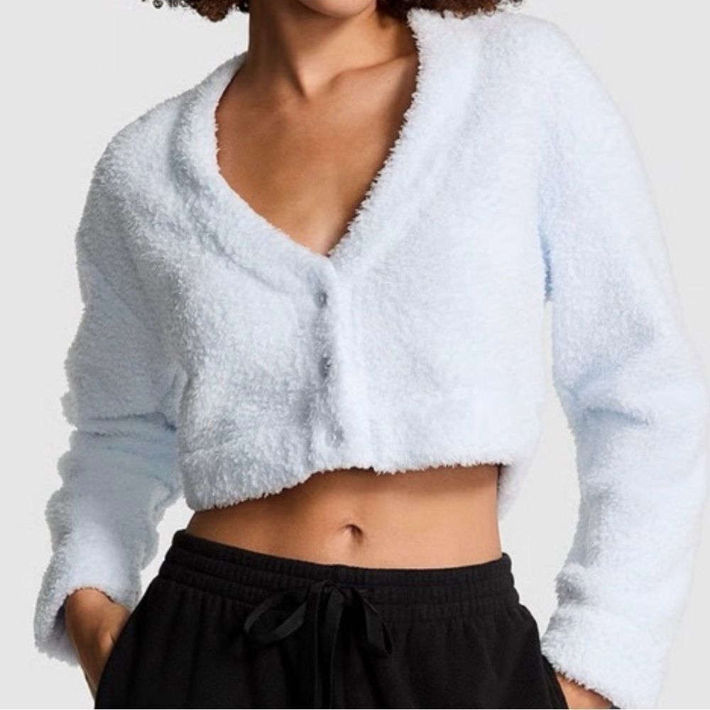 Victoria’s Secret PINK Baby Blue Fuzzy Cropped Plush Button Front Cardigan XXL